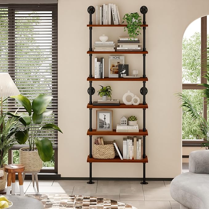 Pipe Industrial Shelves, Wall Mounted Wood Metal Ladder Rustic Bookshelf (Walnut Color, 6 Tier - 10" D x 30" W x 82.5" H)