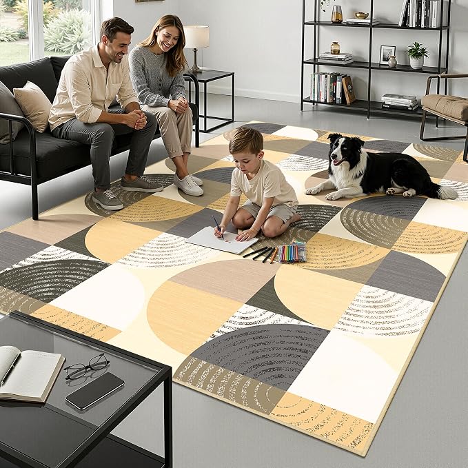 Merelax 6x9 Geometric Rugs for Living Room - Washable Non-Slip Large Bedroom Rug, Indoor Floor Carpet Low Pile Soft Area Rug for Dining Room, Mudroom, Modern Aesthetic Geometric Decor, Light Tan