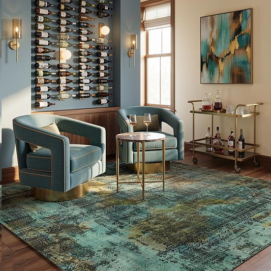 Kokia Abstract Area Rugs Living Room Washable Dark Green Low Pile 6x9 Non-Slip Indoor Decor Carpet Foldable Stain Resistant Ombre Rugs Bedroom Dining Room, Oslo Moss