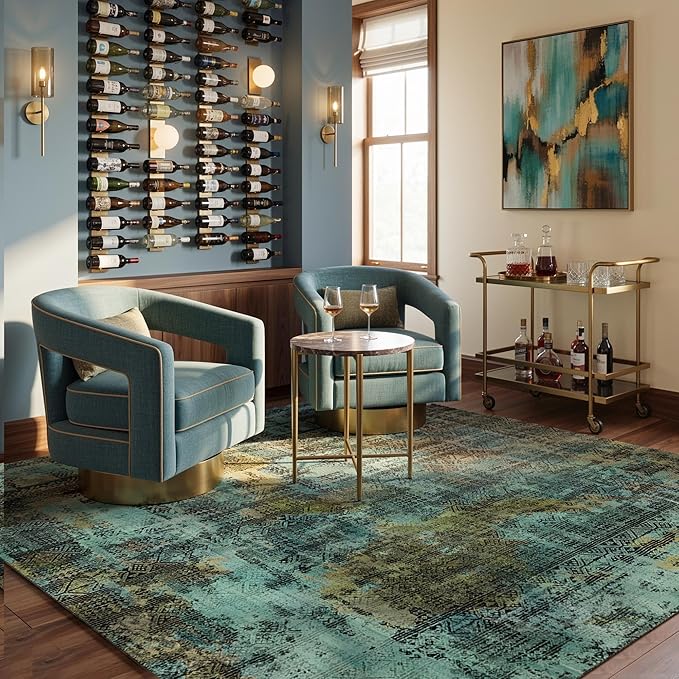Kokia Abstract Area Rugs Living Room Dark Green Washable Low Pile 4x6 Non-Slip Indoor Decor Carpet Foldable Stain Resistant Ombre Rugs Bedroom Dining Room, Oslo Moss