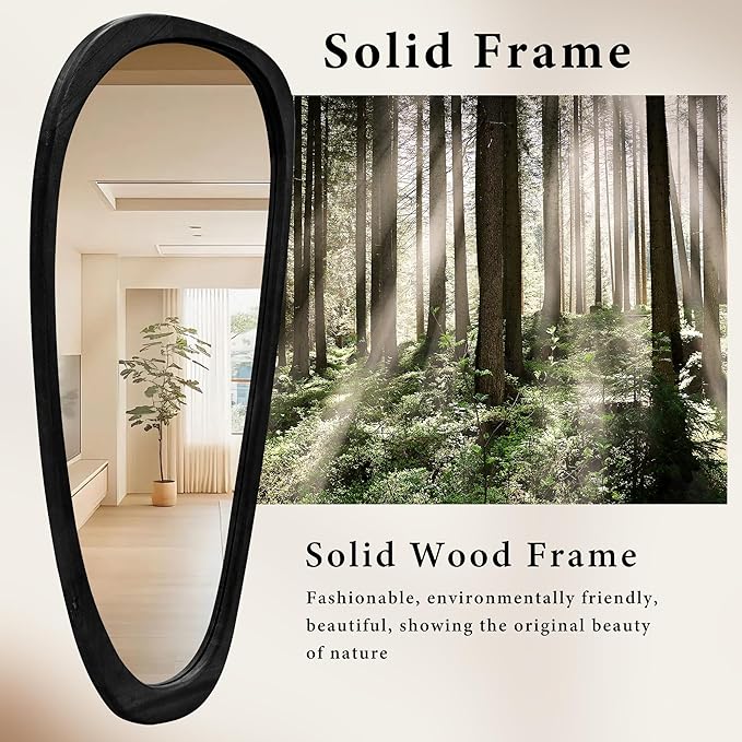 22‘’x60'' Asymmetrical Rustic Wall Mirror for Bathroom Black Wood Frame, Irregular Classic Mirror Farmhouse Vanity Mirror,Mid Century Modern Mirror Decor Living Room, Bedroom, Entryway