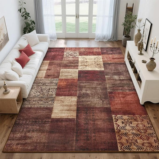 Tepook Modern Area Rug for Living Room, 5x7 Geometric Large Rugs for Bedroom, Washable Patchwork Rug Indoor Non-Slip Throw Carpets for Dining Room Office Farmhouse Home Decor, Red