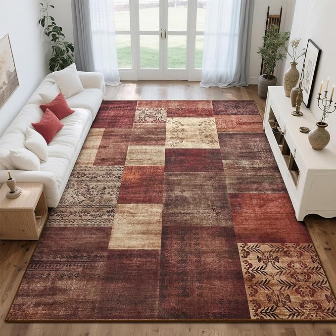 Tepook Modern Area Rugs for Living Room, 9x12 Washable Large Rug for Bedroom, Geometric Patchwork Rugs Indoor Non-Slip Throw Carpets for Dining Room Office Farmhouse Home Decor, Red