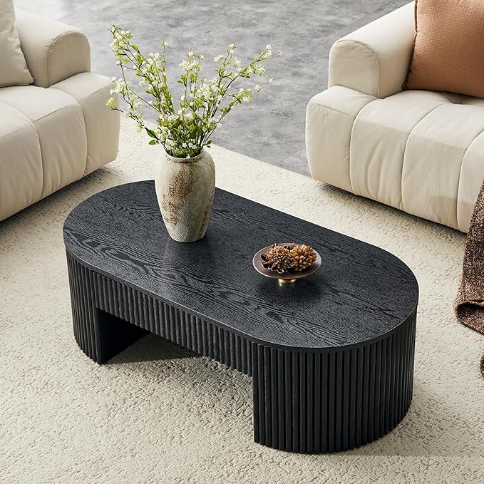 Oval Coffee Table, 47.5" Coffee Table with Storage, Fluted Accent Center Table with Textured Roman Column Patterns, Mid Century Modern Coffee Tables for Living Room, Office, Apartment, Black