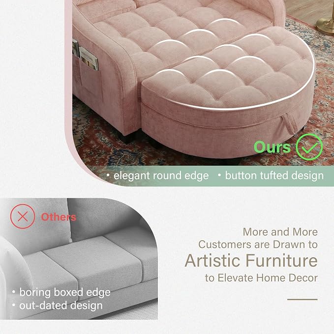 Round Chaise Lounge Chair with Storage Ottoman, Oversized Bubble Chair and a Half Featuring Adjustable Backrest, Plush Reading Accent Chair and Ottoman Set for Bedroom, Blush Pink