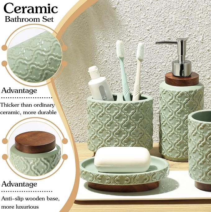 RQYIXI Elegant 6 PCS Ceramic&Wood Bathroom Accessories Set:Soap Dispenser,Toothbrush Holder,Tumbler,Soap Dish,Tray,Trash Can,Easy to Clean,Quatrefoil Pattern,Green-Affordable Home Luxury