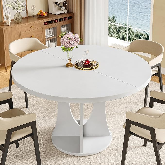 iPormis 47-Inch Round Dining Table for 4-6 People, Circle Dinner Table with Wooden Legs and A Stable Round Pedestal Base, Space Saving Wooden Kitchen and Dining Room Table, White (Table Only)