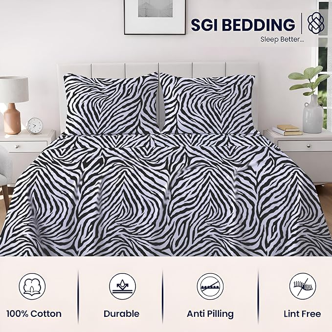 SGI bedding 100% Egyptian Cotton Sheets RV King Size – 600 Thread Count Sheets Set, Soft, Cooling, 15" Deep Pocket, Luxury Hotel Bedding, Breathable, Durable - Zebra Print