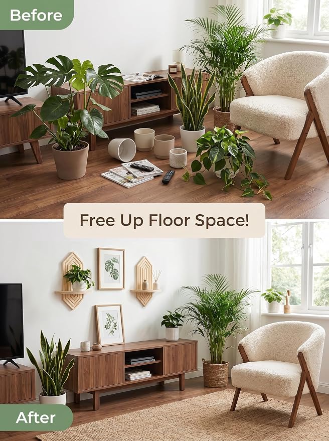 2 Pcs Floating Shelves for Wall, Pine Wood Boho Wall Decor, Mid Century Modern Decor Plant Wall Shelf, Vertical Wall Plant Holder,for Living Room,Bedroom，Nursey Room (Natural)