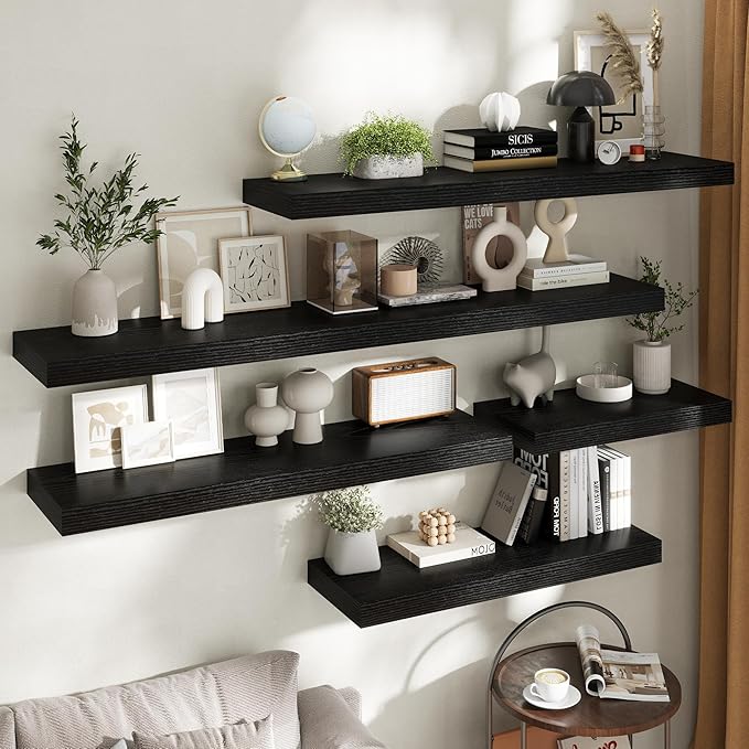 Marsmiles 12" Deep Floating Shelves for Wall with Invisible Brackets, Wall Mounted Engineered Wood Shelves with Wood Grain for Living Room, Bedroom, Kitchen Decor and Storage, 48" L Set of 1, Black