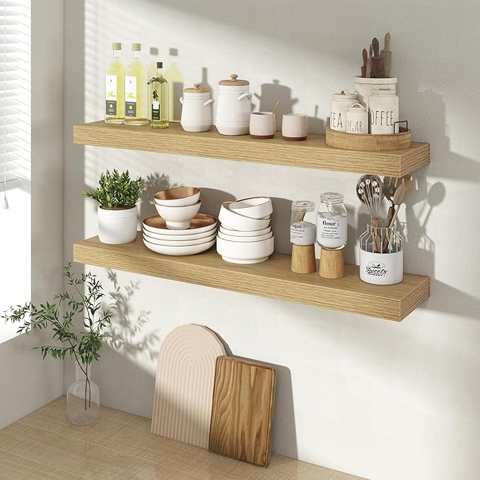 30 Inch Floating Shelves for Wall 2 Pack, 30" Wall Shelves for Books, Storage, Decor, Wall Mounted Floating Shelf with Invisible Brackets for Kitchen, Living Room, Oak