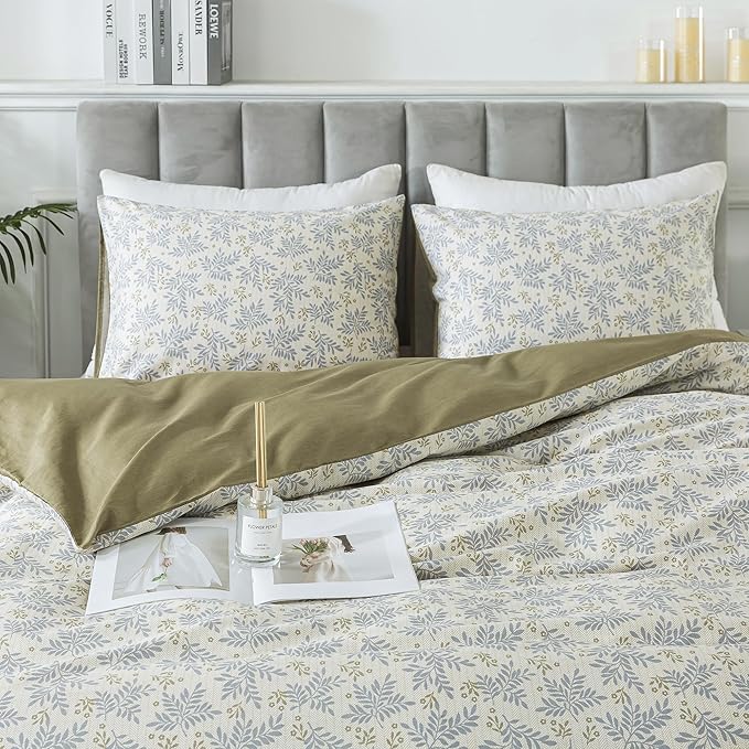 HoneiLife Floral Duvet Cover Queen - 100% Cotton Comforter Cover,Breathable Bedlinen Set with Zipper Closure & Corner Ties, Botanical Comforter Cover Sets 3-PC