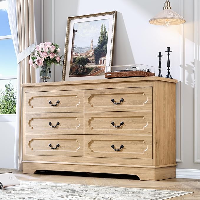 LIDYUK 6 Drawer Dresser for Bedroom Farmhouse Natural Tall Wood Chest of Drawers for Bedroom Dresser, Modern Rustic 47.2" Wide Drawers Dressers Wooden Closet and Storage Cabinet, Hallway, Living Room