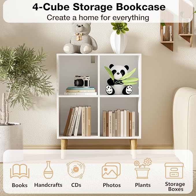4 Cube Bookcase, Wooden Book Shelf Cube Storage Organizer with Legs, 2 Tier Bookshelf Freestanding Open Shelves for Living Room, Bedroom, Home Office (White, 4 Cube)