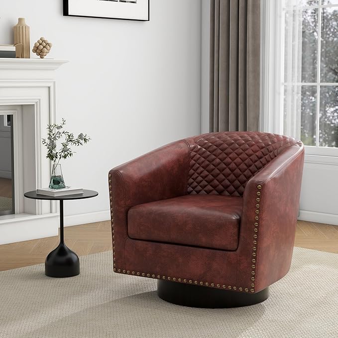UIXE Swivel Accent Chair, PU Leather Barrel Club Chair for Living Room, Upholstered Armchair Comfy Single Sofa Bedroom Reading Seat - Red Brown