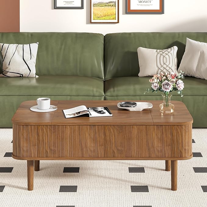 Fluted Lift Top Coffee Table with Storage, Mid Century Modern Coffee Table for Living Room, Home Small Space,39.4" Fluted Center Table (Rectangle-Walnut, 39.4inch)