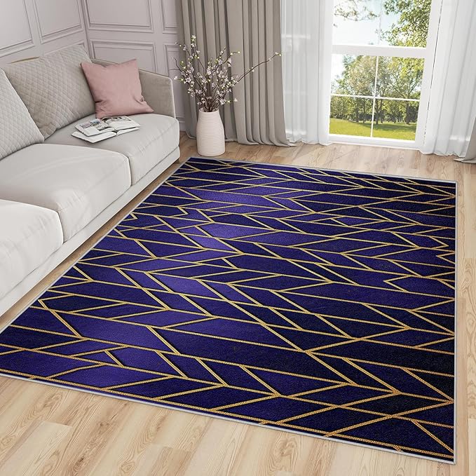 Geometric Rug 3x5 - Chevron Luxury Purple and Gold Modern Rugs for Bedroom Non Slip Low Pile Machine Washable Area Rugs for Living Room Kitchen, Geometric Carpet House Decor