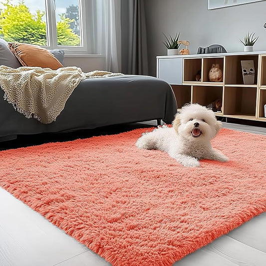 OLANLY 3x5 Machine Washable Small Bedside Rug, Soft Fluffy Shaggy Rugs for Living Room, Bedroom, Indoor Floor Carpet for Kids Girls and Boys, Preppy Dorms, Nursery, Home Decor Aesthetic, Coral Red