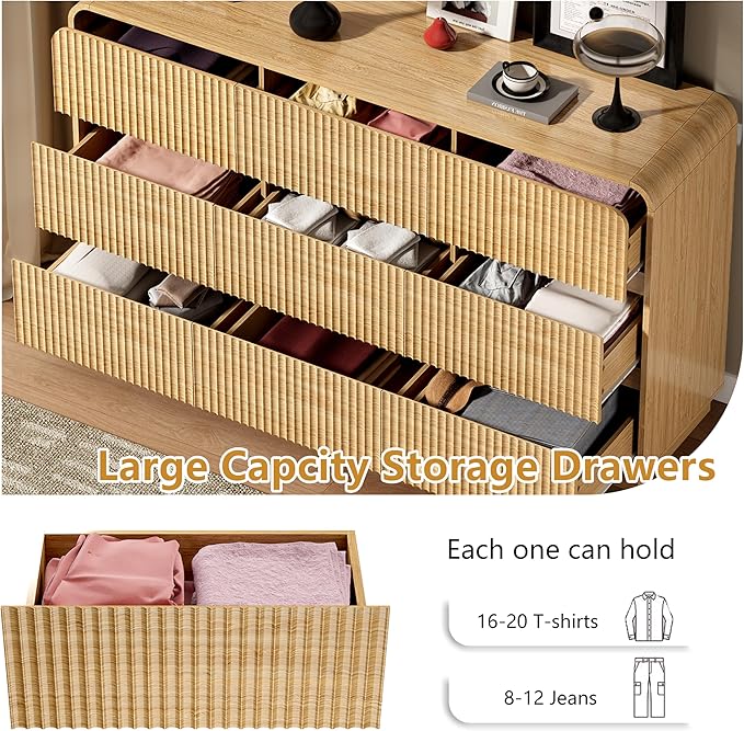 Oak Dresser Fluted 9 Drawers Dresser for Bedroom, 59" Wide Wood Chest of Drawers with Hidden Handles & Rounded Corners, Modern TV Stand Storage Cabinet for Living Room, Hallway, Entryway