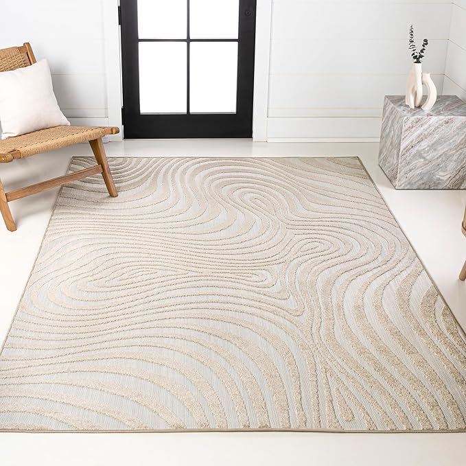 JONATHAN Y Maribo High-Low Abstract Striped Beige/Cream 5x8 Indoor/Outdoor Area Rug for Patio, Backyard, Living Room, Bedroom, Office, Hose-Washable (SCN103D-5)