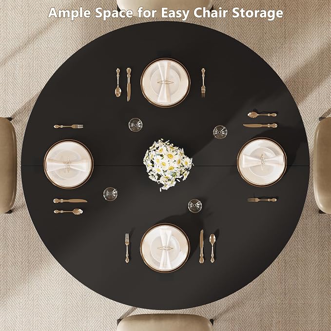 Einhomn Round Dining Table for 4-6, Kitchen Table with Sturdy Double Arc & Rounded Base & Backboard Clasp Desktop, Mid-Century Modern Circle Dinner Table for Dining Living Room, Space Saving, Black