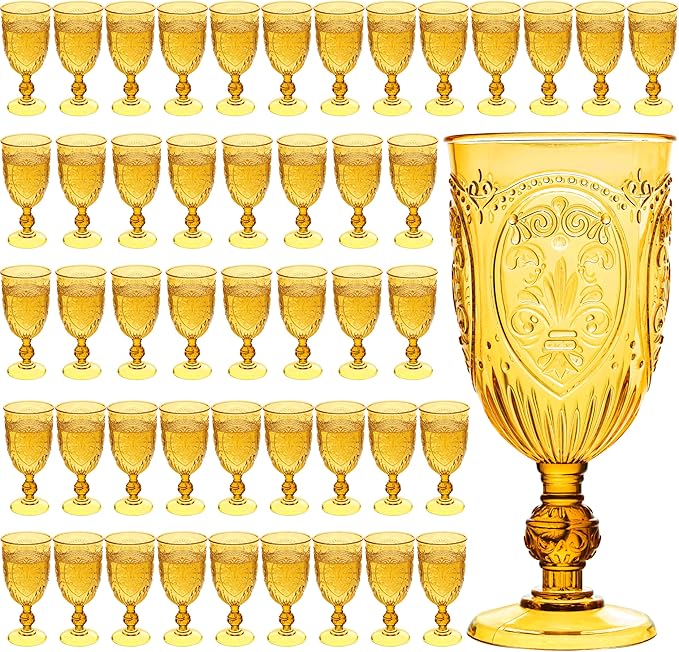 Plastic Wine Glasses 48Pcs Plastic Goblets 7.5oz Colored Retro Embossed Glassware Vintage Stemmed Drinking Cup Reusable Water Goblets for Wedding Reception Grand Event Party Bar,Whiskey (Amber)
