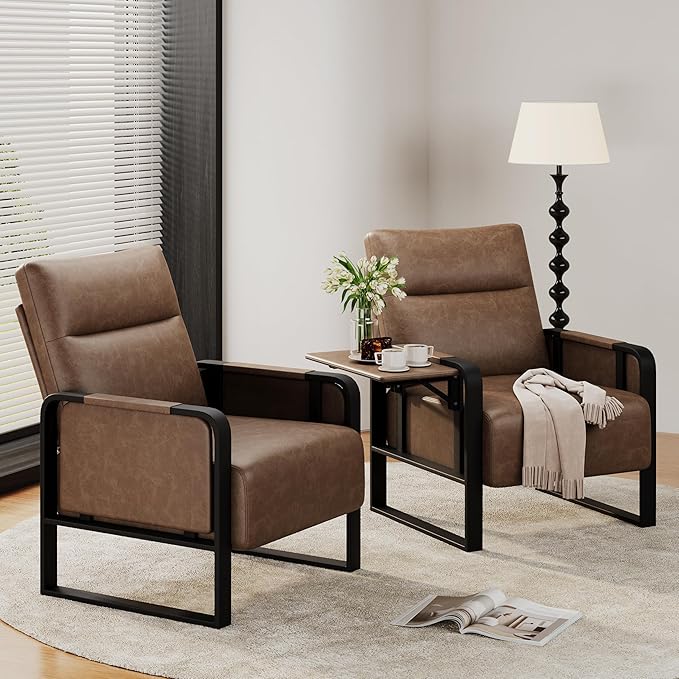 Alunaune Upholstered Living Room Chair Armchair, Mid Century Faux Leather Metal Accent Chair, Reception Couch Office Guest Chair Slipper Club Lounge Single Sofa with Sidetable for Bedroom-Brown