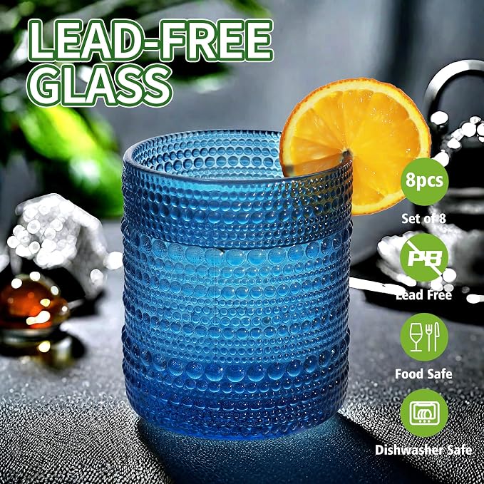 Vintage Hobnail Drinking Glass Set of 8 - 12 oz Highball & 10 oz Cocktail Tumblers for Whiskey, Juice, Milk