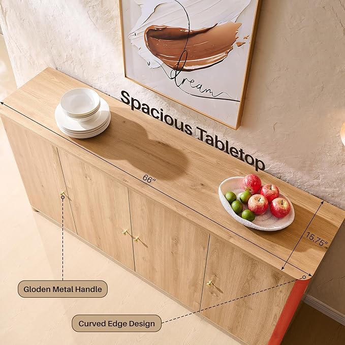 Curved Buffet Cabinet with Doors, 66" Large Sideboard Buffet Storage Cabinet with 4 Doors and Shleves, Modern Coffee Bar Station Wood Kitchen Table for Kitchen, Dining Room, Natural