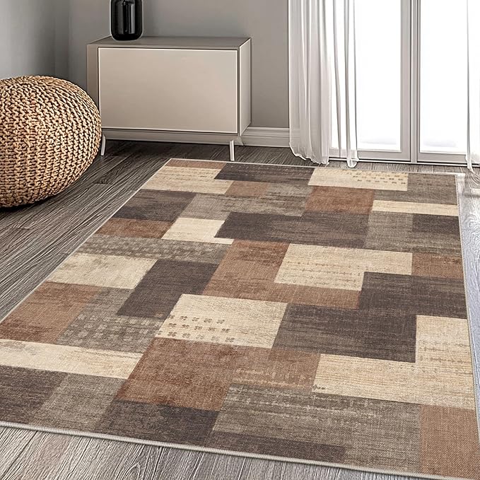 Modern Geometric Patchwork Indoor Area Rug for Living Room, Beige 10'x 14' Large Rug Rockwood Collection Hardwood Floors Decor for Bedroom, Beige Throw Carpet for Office Entryway Dining Room