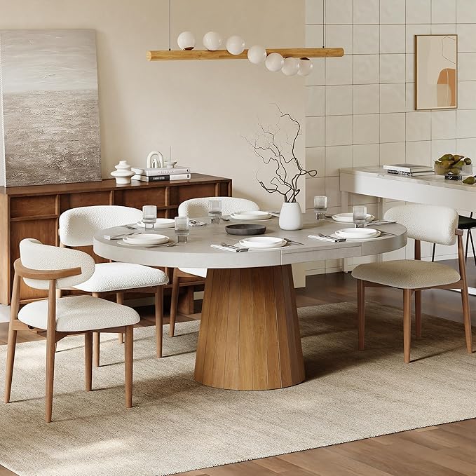 homary 39"-55" Round Extendable Dining Table Farmhouse Oval Kitchen Table Pedestal Dining Room Table for 6 Persons