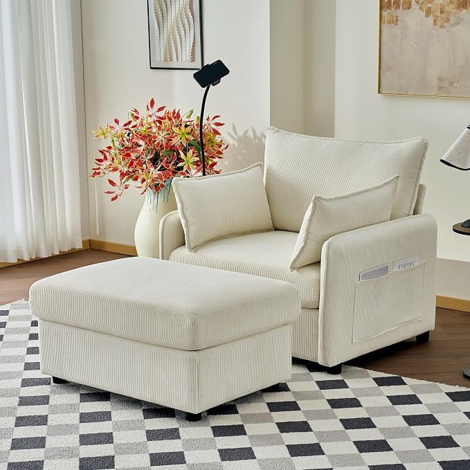 55" Modern Accent Chair with USB Ports, Storage Ottoman & Adjustable Holder, Corduroy Chaise Lounge for Reading in Apartment Living Room (Beige)