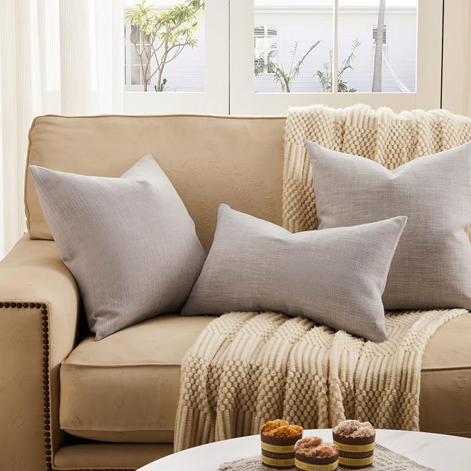 ZeeMart Rustic Cotton Linen Throw Pillow Covers Set of 2, 16x16 Inch Taupe, Farmhouse Style Decorative Couch Pillow Cases Beige Cushion Covers for Sofa Bed Living Room Home Decor