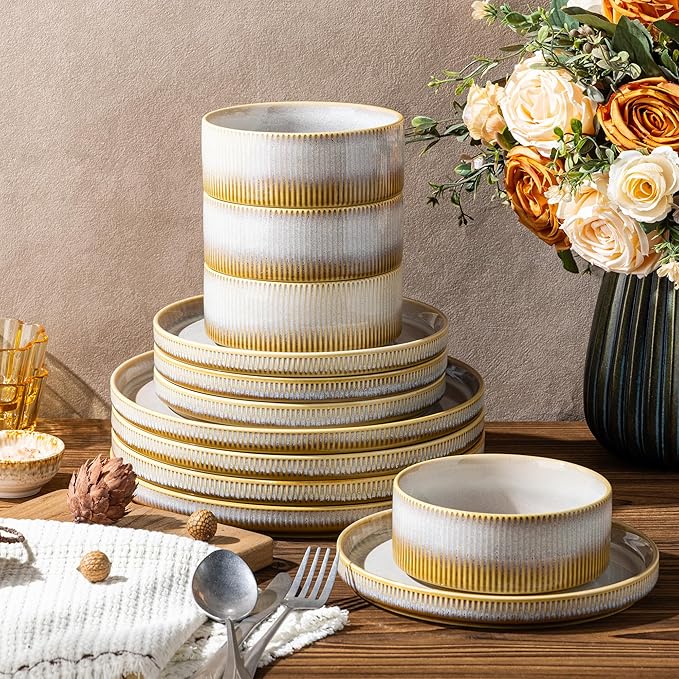 TheTerra Ceramic Dinnerware Sets for 6, 18 Pieces Porcelain Lightweight Plates and Bowls Sets, Scratch Resistant Dish Set, Oven & Microwave & Dishwasher Safe, Autumn Haze
