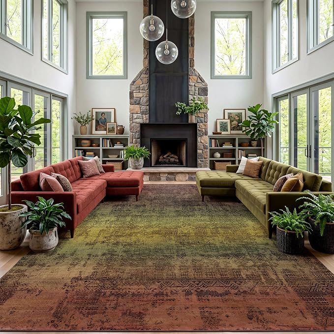 Kokia Abstract Terracotta Area Rugs 9x12 Bedroom Washable Decor Low Pile Distressed Non-Slip Indoor Carpet Foldable Stain Resistant Floor Mat Living Room Dining Room, Brown and Tan