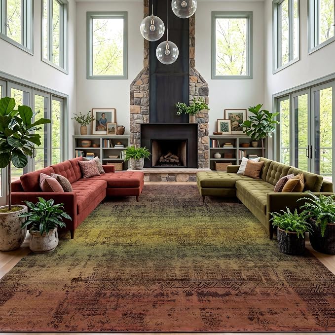 Kokia Abstract Terracotta Area Rugs 8x10 Bedroom Soft Living Room Rugs Washable Distressed Vintage Comfy Carpet with Non-Slip Backing for Farmhouse Home Office Room Decor, Brown and Tan