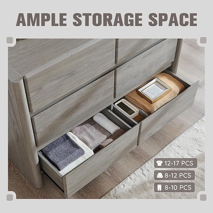 Modern 6 Drawers Dresser for Bedroom, 47" Wide Dresser w/Large Storage & Rounded Corner, Wood Handleless Chests of Drawers w/Natural Texture for Bedroom, Hallway, Living Room-Light Grey