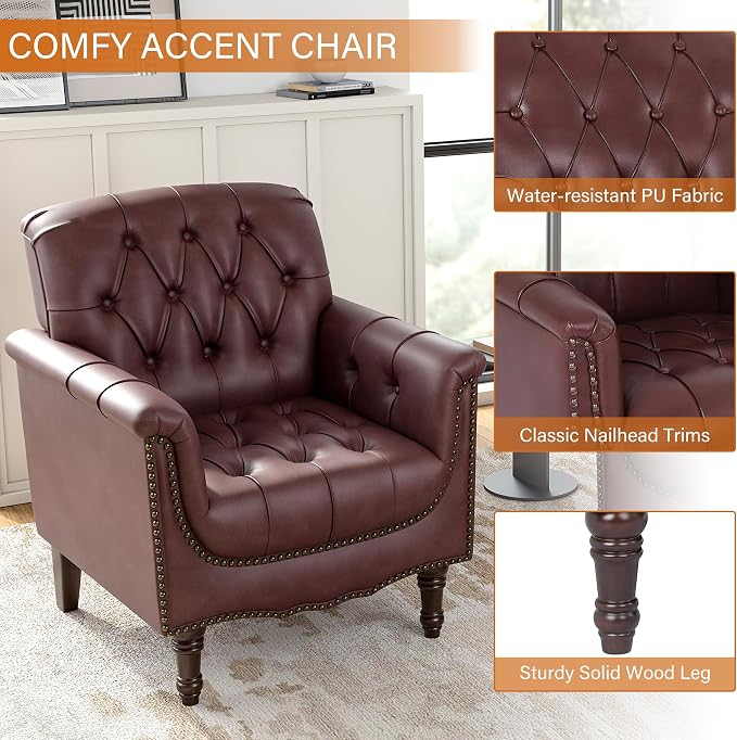 Faux Leather Club Chairs Set of 2, Retro Upholstered Armchair Accent Chair with Solid Wood Legs & Nailhead Trim for Living Room/Reading Room, Dark Red