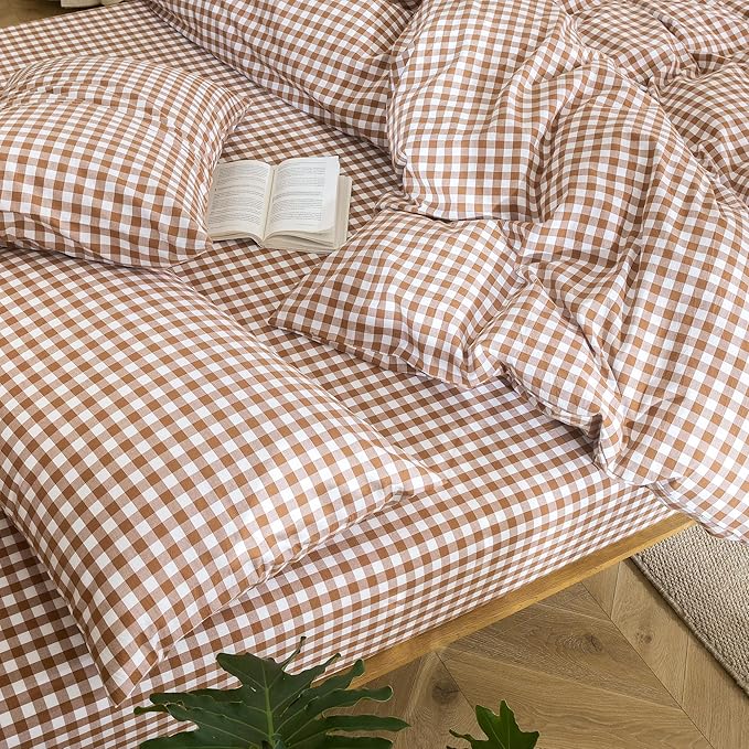 MooMee Gingham Duvet Cover Set 100% Washed Cotton Linen Like Textured Breathable Durable Soft Comfy Modern Checkered Design (Dark Orange Gingham, Cal King 104"x98")