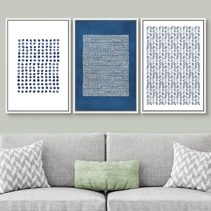 SIGNWIN Framed Canvas Print Wall Art Set Blue Geometric Pattern Landscape Abstract Shapes Illustrations Modern Art Decorative Boho Relax/Zen Nordic for Living Room, Bedroom, Office - 24"x36"x3 White