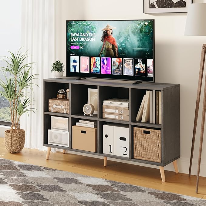 Flrrtenv 8-Cube Bookshelf 2 Tier Retro Bookcase with Legs, 11in Shelf Opening, 47" Wood Bookshelves Storage Organizer Shelf, Freestanding Open Book Shelves for Bedroom Living Room Office,Grey Oak