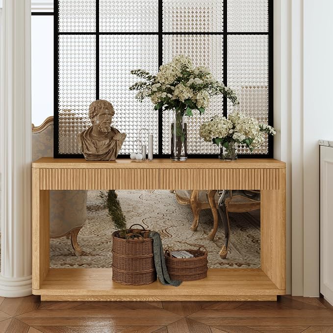 Wood Console Table, 59.8" Retro Long Sofa Table Behind Couch with 2 Fluted Drawers, Farmhouse Wooden Narrow Sofa Table Hall Table for Living Room Foyer Entrance Entryway, Natural