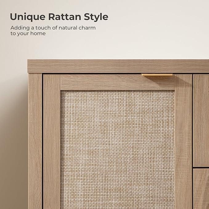 SICOTAS Rattan Large Sideboard Buffet Cabinet with Storage - Boho Coffee Bar Storage Cabinet with 3 Drawers and 2 Doors, Console Table Credenza for Living Room, Kitchen, Hallway, Light Oak (2 Pieces)