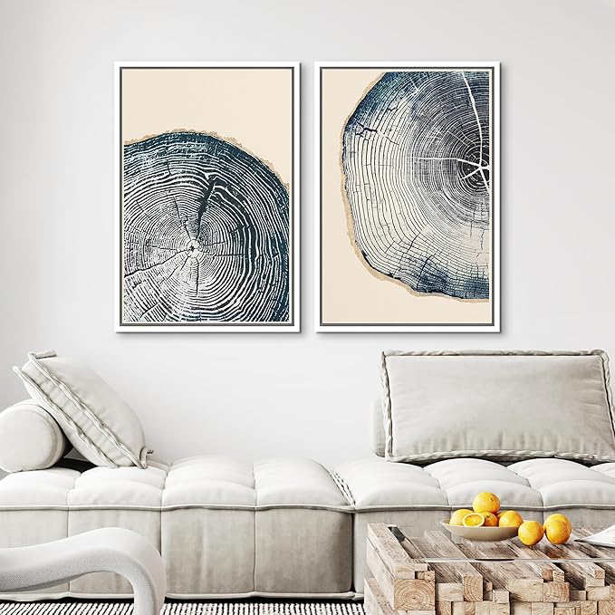 MUDECOR Framed Canvas Print Wall Art Navy Blue Wood Tree Ring Nature Illustration Modern Art Decorative Multicolor Geometric Minimal for Bedroom - 16"x24"x2 White