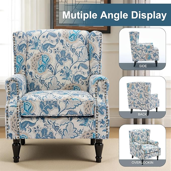 Wingback Chair, High Back Floral Accent Chair in Fabric, Comfy Upholstered Armchair with Nailhead Trim for Living Room, Single Sofa Reading Chair for Small Spaces, Bedroom-Boho Blue