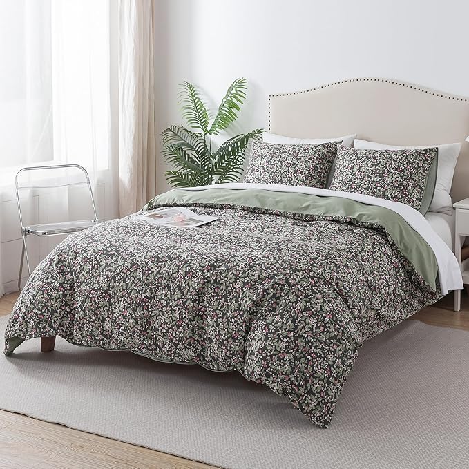 HoneiLife Duvet Dover King Size - 100% Cotton Comforter Cover Floral Duvet Cover Sets, Breathable Bedlinen for Set with Zipper Closure & Corner Ties,3-PC Wildflower Comforter Cover Sets, Berry
