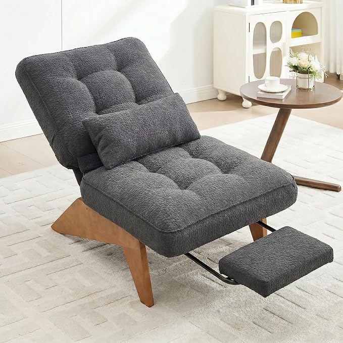 Accent Chair with Ottoman Adjustable Backrest, Stripe Living Room Chair Indoor Lounge Chair with Build-in Footrest Set, Modern Chair Cozy Reclining Chair for Reading Room, Dark Gray