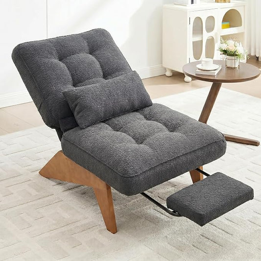 Accent Chair with Ottoman Adjustable Backrest, Stripe Living Room Chair Indoor Lounge Chair with Build-in Footrest Set, Modern Chair Cozy Reclining Chair for Reading Room, Dark Gray