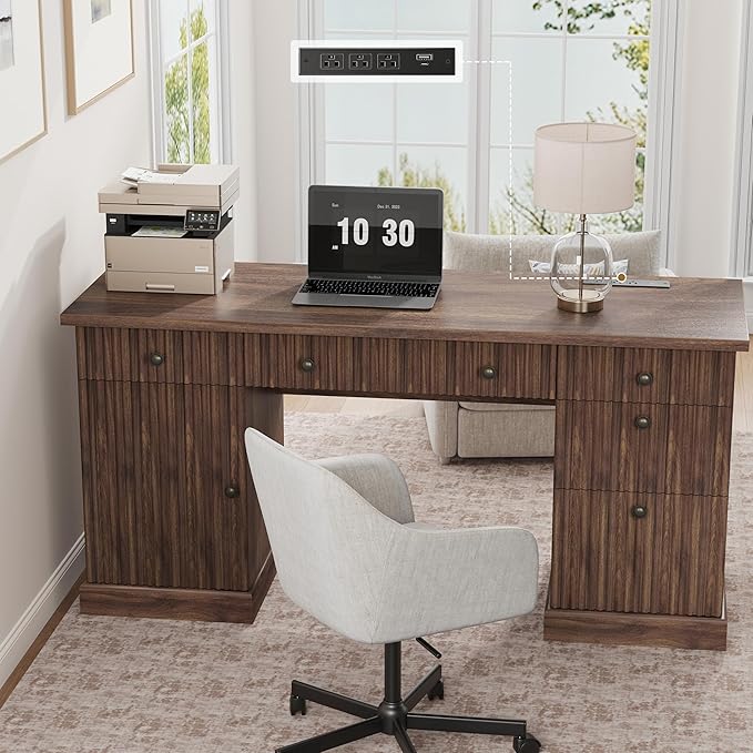 Garvee 60" Office Desk with Storage & Drawers. Fluted Wood Computer Desk with Power Outlet & Adjustable Shelves.Modern Executive Desk for Home Office/Bedroom/Gaming-Brown