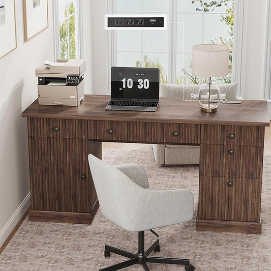 Garvee 60" Office Desk with Storage & Drawers. Fluted Wood Computer Desk with Power Outlet & Adjustable Shelves.Modern Executive Desk for Home Office/Bedroom/Gaming-Brown